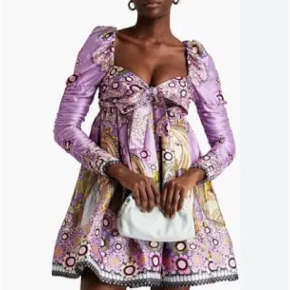 Zimmerman Cosmic Twist Front Purple Bow With Ruched Sleeves, Flare Mini, NWT - Picture 1 of 12